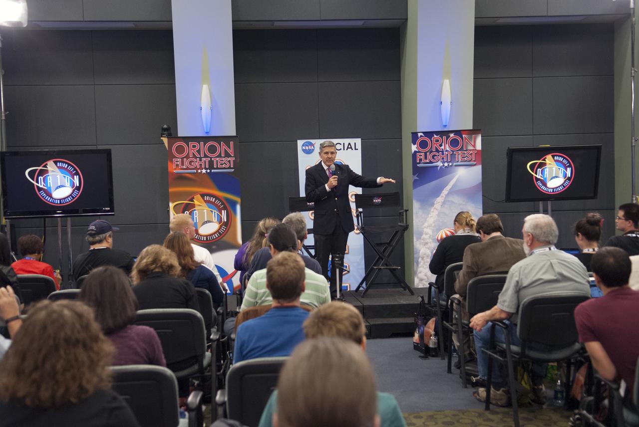 CAPE CANAVERAL, Fla. – At NASA's Kennedy Space Center in Florida, NASA leaders spoke to social media participants as the Orion spacecraft and its Delta IV Heavy rocket were being prepared for launch. Speakers included Kennedy Space Center Director Bob Cabana. For more information, visit www.nasa.gov/orion Photo credit: NASA/Jim Grossman