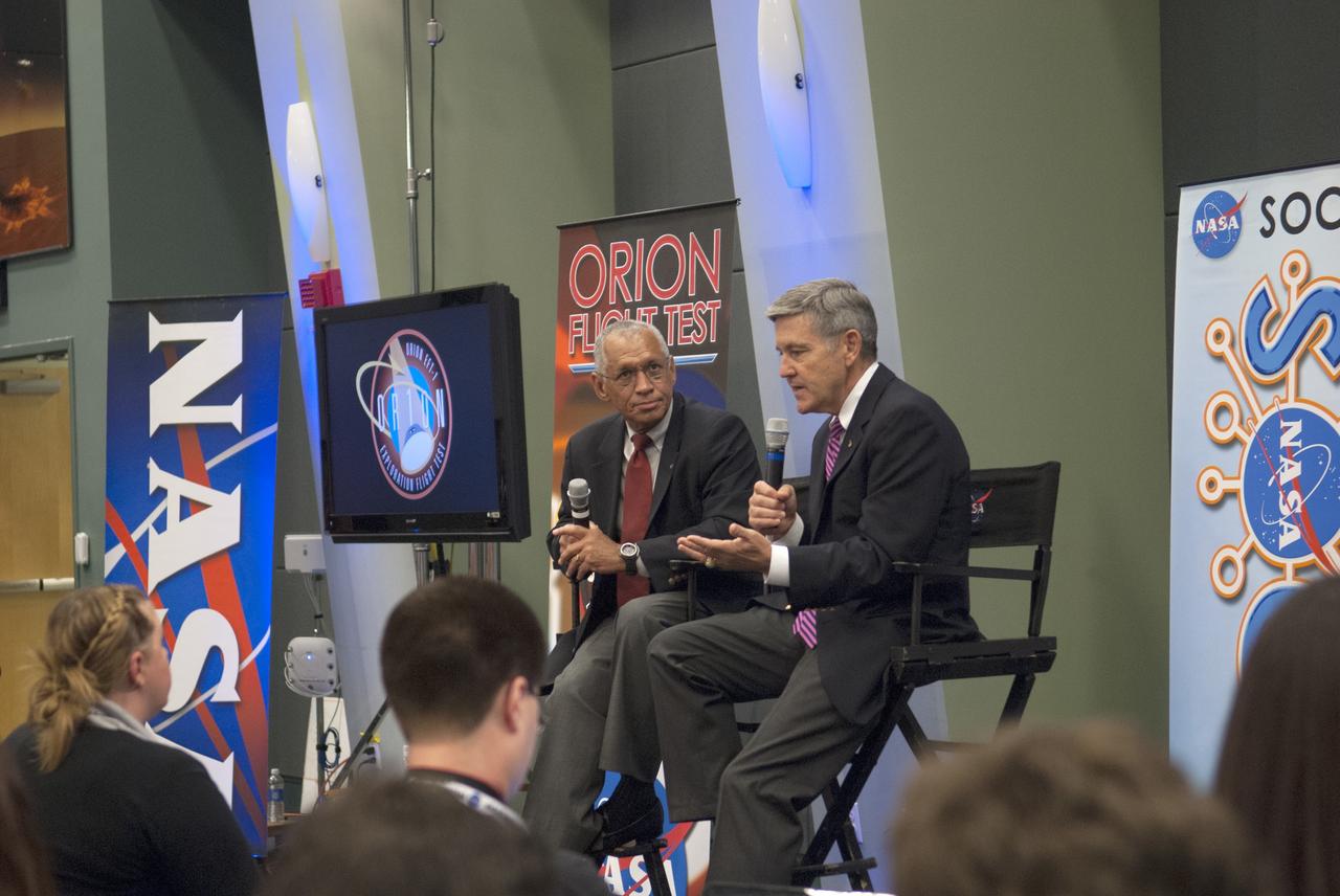 CAPE CANAVERAL, Fla. – At NASA's Kennedy Space Center in Florida, NASA leaders spoke to social media participants as the Orion spacecraft and its Delta IV Heavy rocket were being prepared for launch. Speakers included NASA Administrator Charlie Bolden, left, and Kennedy Space Center Director Bob Cabana. For more information, visit www.nasa.gov/orion Photo credit: NASA/Jim Grossman