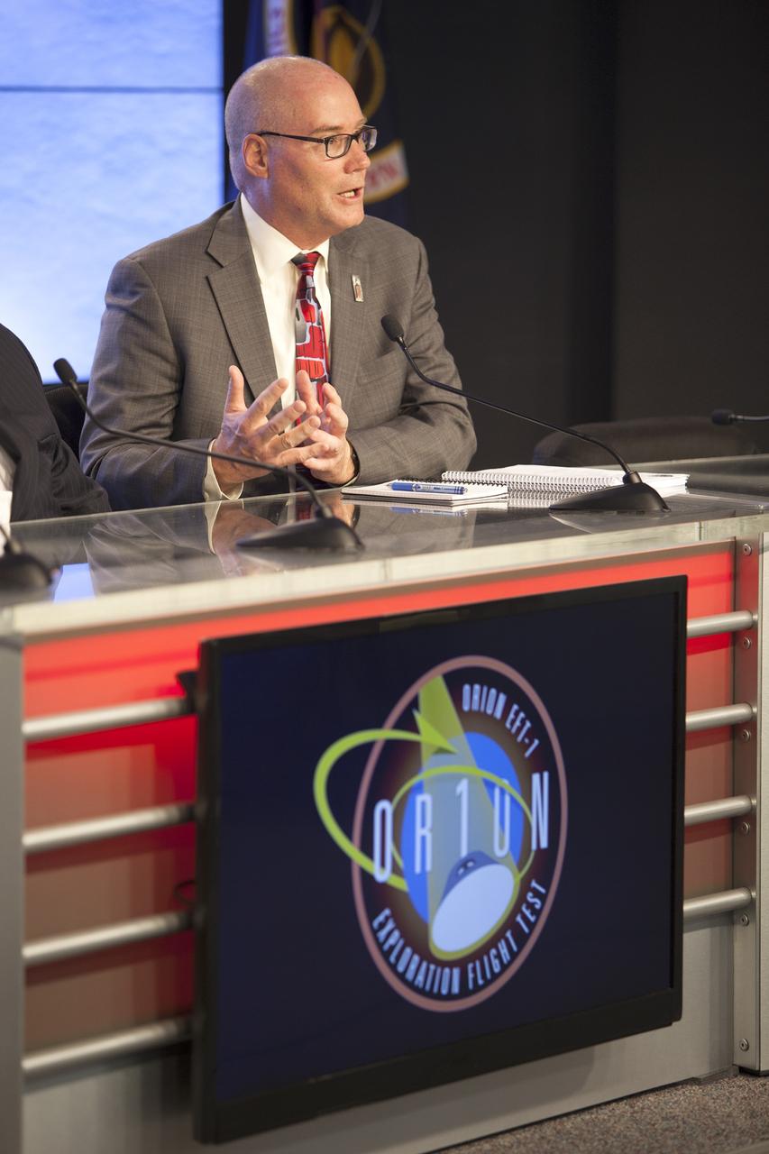CAPE CANAVERAL, Fla. -- In the Kennedy Space Center’s Press Site auditorium, Dan Collins, United Launch Alliance chief operating officer spoke to members of the news media about the postponement of the Orion Flight Test launch due to an issue related to fill and drain valves on the Delta IV Heavy rocket. For more information, visit www.nasa.gov/orion Photo credit: NASA/Frankie Martin
