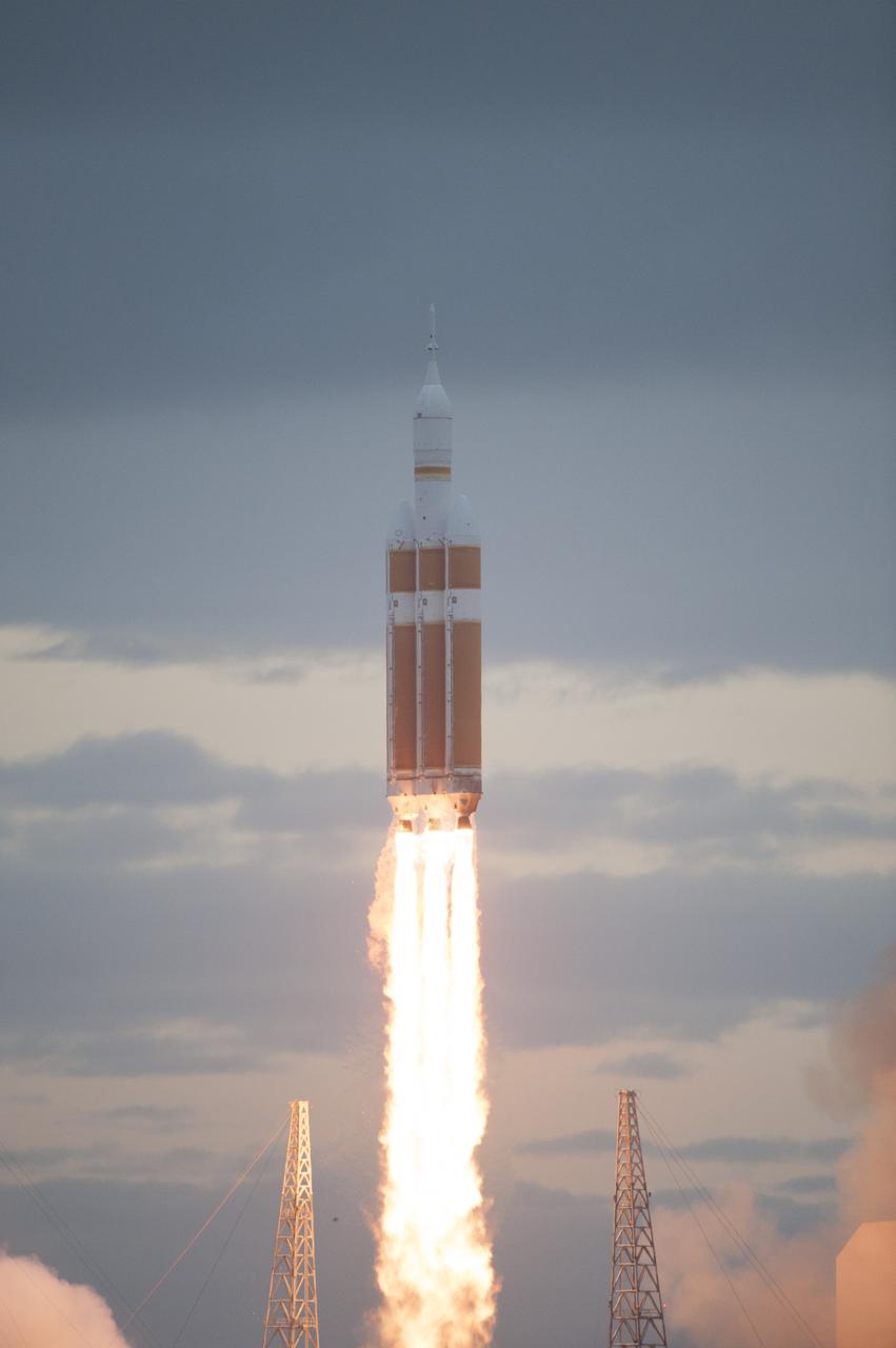 CAPE CANAVERAL, Fla. -- A Delta IV Heavy rocket lifts off from Space Launch Complex 37 at Cape Canaveral Air Force Station in Florida carrying NASA's Orion spacecraft on an unpiloted flight test to Earth orbit. Liftoff was at 7:05 a.m. EST. During the two-orbit, four-and-a-half hour mission, engineers will evaluate the systems critical to crew safety, the launch abort system, the heat shield and the parachute system. For more information, visit www.nasa.gov/orion Photo credit: NASA/Sandra Joseph