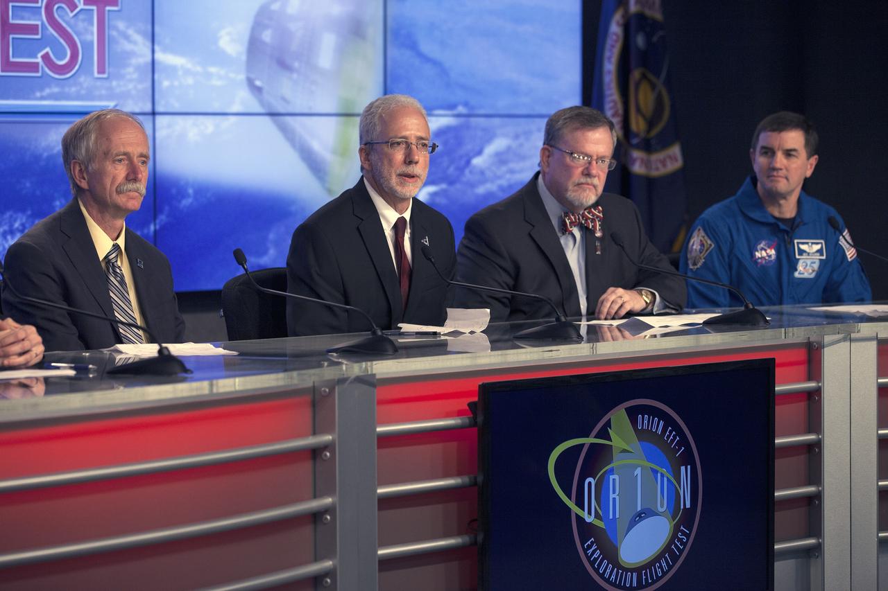 CAPE CANAVERAL, Fla. -- In the Kennedy Space Center’s Press Site auditorium, agency leaders spoke to members of the news media about the successful Orion Flight Test. From left are: Bill Gerstenmaier, NASA associate administrator for Human Exploration and Operations, Mark Geyer, Orion program manager, Mike Hawes, Lockheed Martin Orion Program manager, and NASA astronaut Rex Walheim. For more information, visit www.nasa.gov/orion Photo credit: NASA/Kim Shiflett