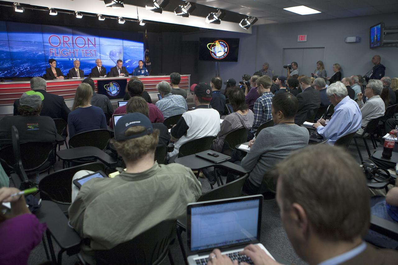 CAPE CANAVERAL, Fla. -- In the Kennedy Space Center’s Press Site auditorium, agency leaders spoke to members of the news media about the successful Orion Flight Test. From left are: Rachel Kraft, of NASA Public Affairs, Bill Gerstenmaier, NASA associate administrator for Human Exploration and Operations, Mark Geyer, Orion program manager, Mike Hawes, Lockheed Martin Orion Program manager, and NASA astronaut Rex Walheim. For more information, visit www.nasa.gov/orion Photo credit: NASA/Kim Shiflett