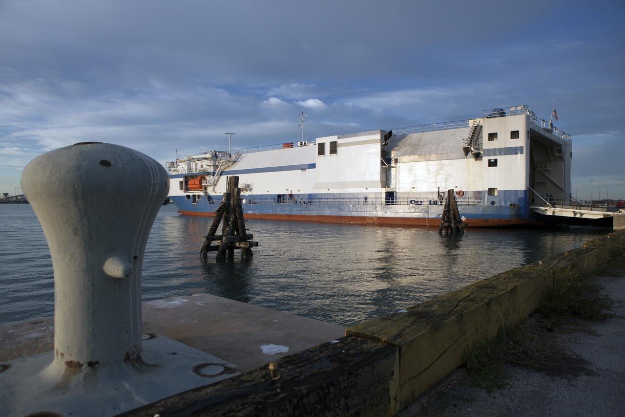 CAPE CANAVERAL, Fla. – The United Launch Alliance Delta Mariner arrives at Port Canaveral to deliver the Atlas V rocket that will be used to launch NASA's Magnetospheric Multiscale mission. To learn about the MMS, go to http://go.nasa.gov/1GUbzxb. Photo credit: NASA/Ben Smegelsky