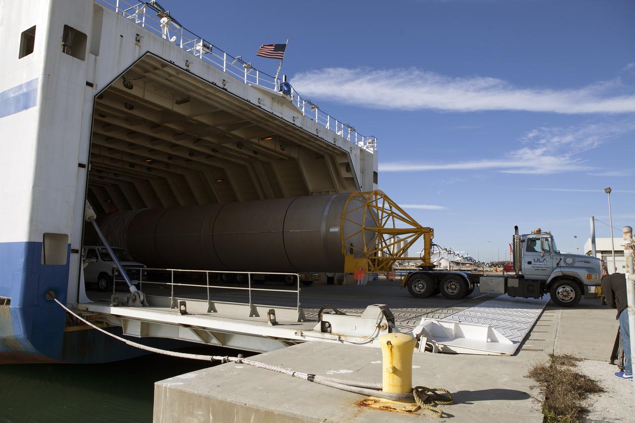 CAPE CANAVERAL, Fla. – A truck begins to transport the Atlas V booster stage from the United Launch Alliance Delta Mariner. The rocket will be used to launch NASA's Magnetospheric Multiscale mission. To learn about the MMS, go to http://go.nasa.gov/1GUbzxb. Photo credit: NASA/Ben Smegelsky