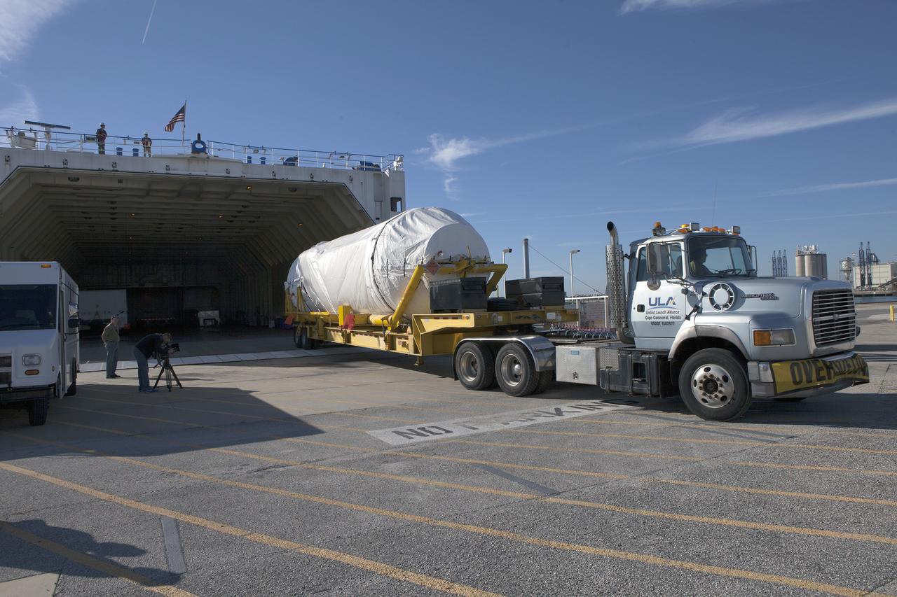 CAPE CANAVERAL, Fla. – A truck begins to transport a Centaur upper stage from the United Launch Alliance Delta Mariner to the Atlas V Spaceflight Operations Center at Cape Canaveral Air Force Station. The rocket will be used to launch NASA's Magnetospheric Multiscale mission. To learn about the MMS, go to http://go.nasa.gov/1GUbzxb. Photo credit: NASA/Ben Smegelsky