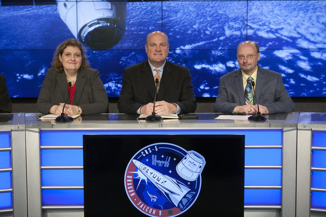 CAPE CANAVERAL, Fla. – In the Kennedy Space Center’s Press Site auditorium, agency leaders spoke to members of the news media on the Cloud-Aerosol Transport System. CATS will monitor cloud and aerosol coverage that directly impacts global climate. From left are: Julie Robinson, ISS Program chief scientist at NASA’s Johnson Space Center, Robert Swap, program scientist at NASA Headquarters' Earth Science Division, and Matthew McGill, CATS principal investigator at Goddard. Photo credit: NASA/Kim Shiflett