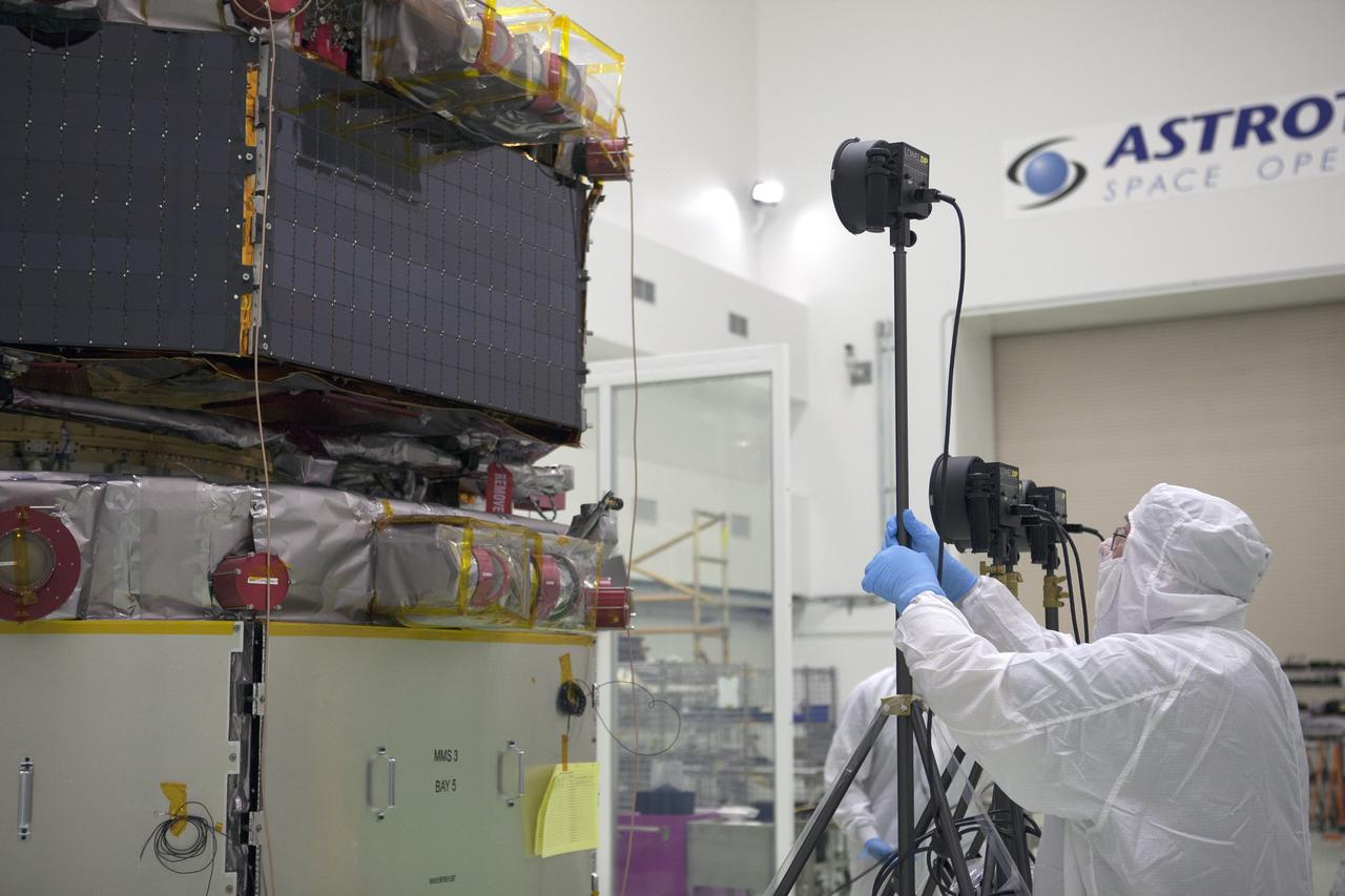 Preparations are underway for illumination testing of the solar panels on the upper stack of the Magnetospheric Multiscale spacecraft, or MMS, in the Astrotech payload processing facility in Titusville, Florida, near Kennedy Space Center. Illumination testing of the lower instrumentation payload stack was completed in December. Launch aboard a United Launch Alliance Atlas V rocket from Space Launch Complex 41 on Cape Canaveral Air Force Station is targeted for March 12. To learn more about MMS, visit http://www.nasa.gov/mms.  Photo credit: NASA/Kim Shiflett
