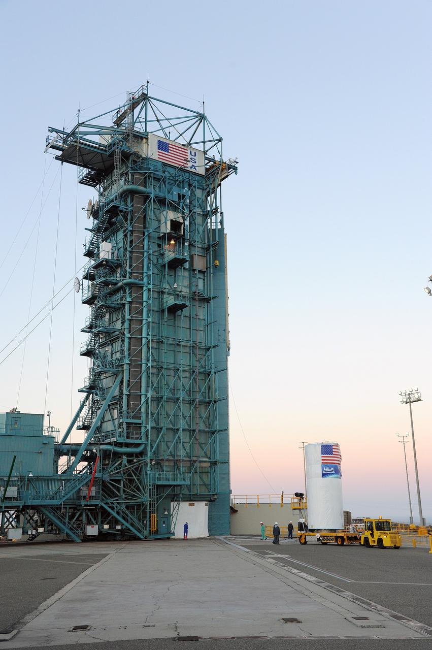 VANDENBERG AFB, California – NASA's SMAP spacecraft arrives at Space Launch Complex-2 from the Astrotech processing facility for placement atop a Delta II rocket for launch. For more, go to www.nasa.gov/smap Photo credit: USAF