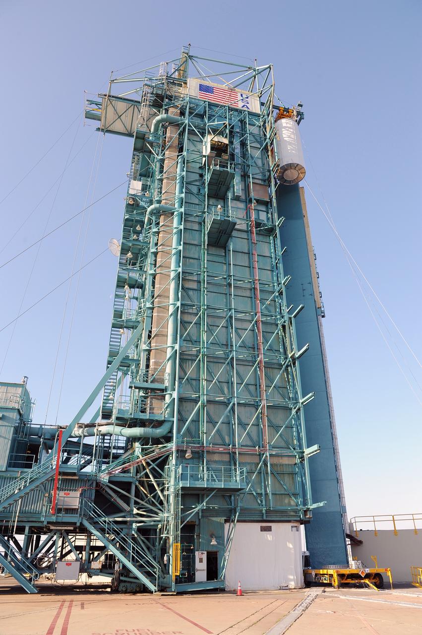VANDENBERG AFB, California – NASA's SMAP spacecraft is hoisted to the top of a Delta II rocket at Space Launch Complex-2 for launch. For more, go to www.nasa.gov/smap Photo credit: USAF