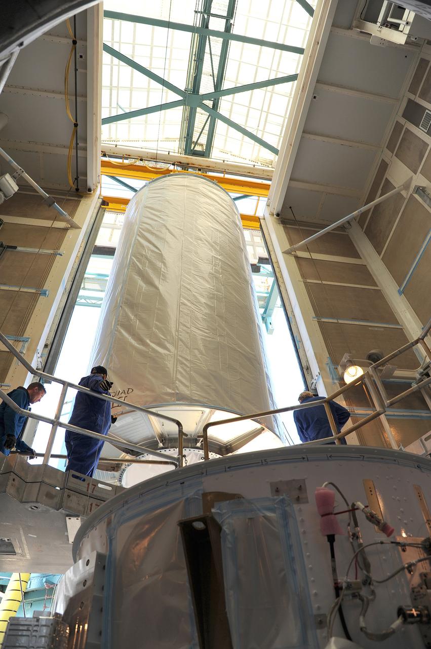 VANDENBERG AFB, California – NASA's SMAP spacecraft is hoisted to the top of a Delta II rocket at Space Launch Complex-2 for launch. For more, go to www.nasa.gov/smap Photo credit: USAF
