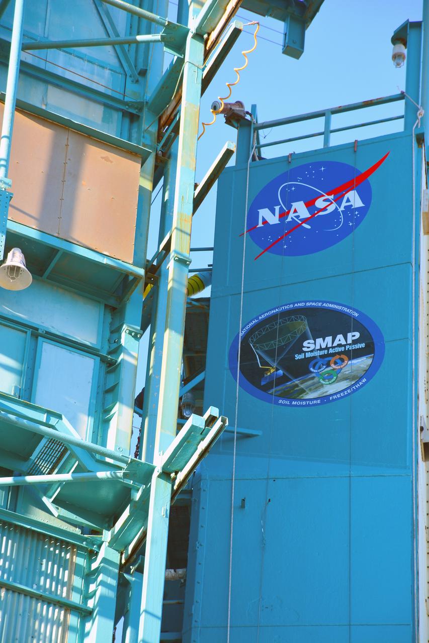 VANDENBERG AFB, California – Detail of mission and NASA logos at Space Launch Complex-2 at Vandenberg AFB, California - the launch site for NASA's SMAP spacecraft. For more, go to www.nasa.gov/smap Photo credit: NASA/Randy Beaudoin