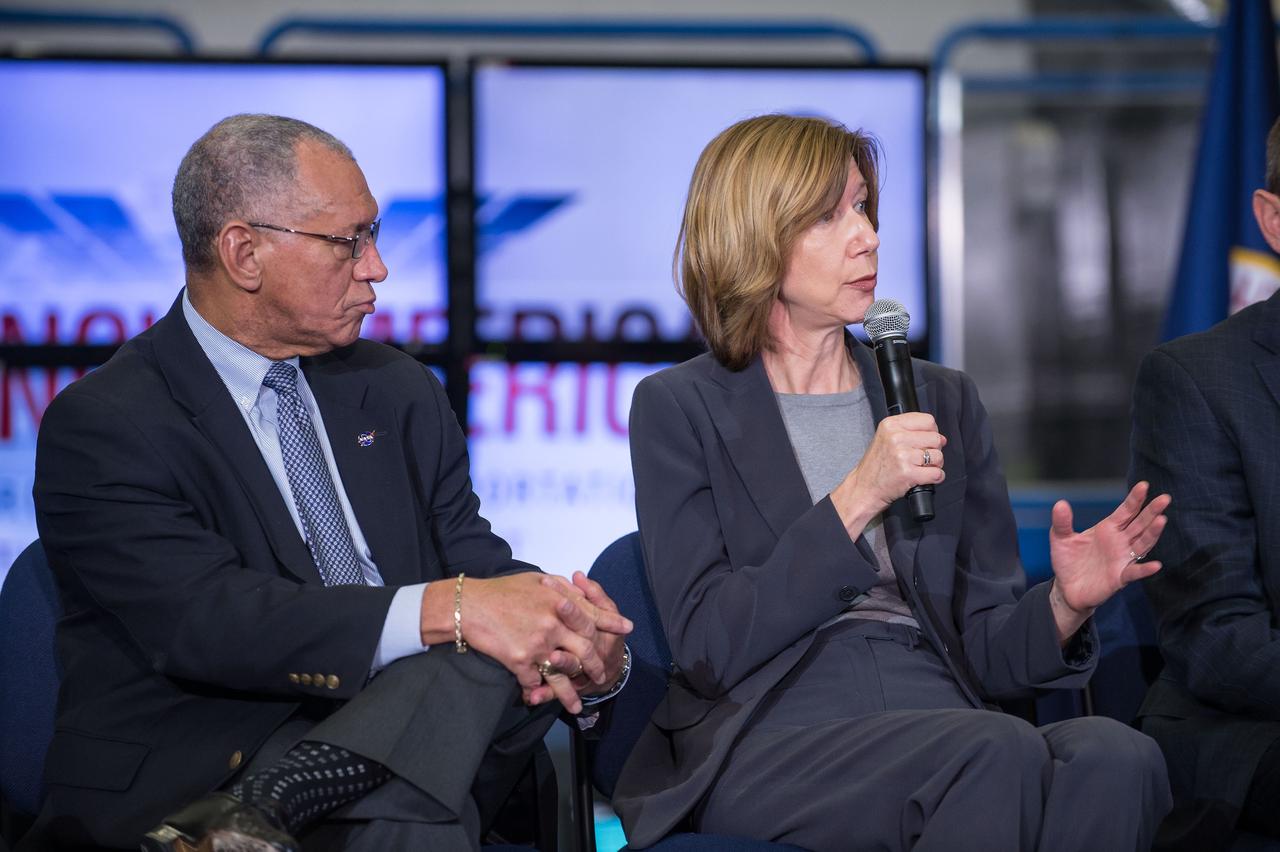 HOUSTON, Texas - jsc2015e031256 - Kathy Lueders, program manager of NASA's Commercial Crew Program, discusses the agency's approach while NASA Administrator Charles Bolden looks on during a presentation highlighting key development activities, test plans and objectives for achieving certification of two American crew transportation systems. Photo credit: NASA/Robert Markowitz