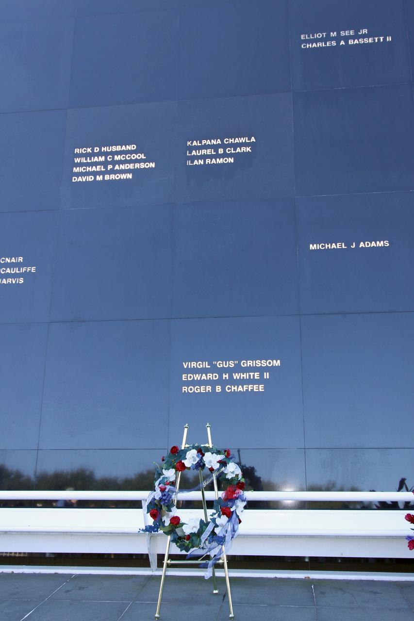 CAPE CANAVERAL, Fla. – NASA’s Kennedy Space Center in Florida paid tribute to the crews of Apollo 1 and space shuttles Challenger and Columbia, as well as other NASA astronauts who lost their lives while furthering the cause of exploration and discovery, during the agency's Day of Remembrance, Jan. 28.  A wreath-laying ceremony was held at the Space Mirror Memorial located in the Kennedy Space Center Visitor Complex. Photo credit: NASA/Jim Grossmann