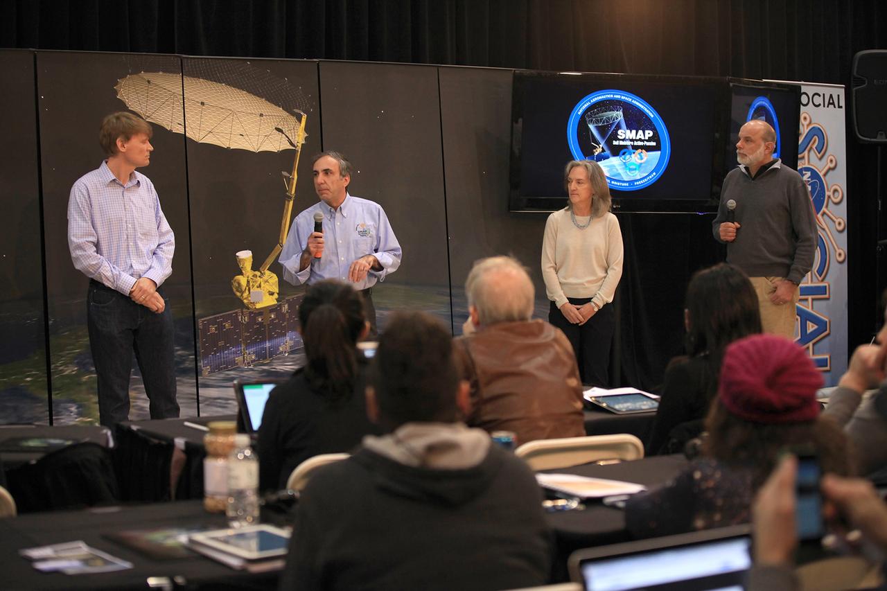 VANDENBERG AIR FORCE BASE, Calif. – Dara Entekhabi, science team leader at the Massachusetts Institute of Technology in Cambridge, Massachusetts, and other experts discuss the science and engineering of NASA's Soil Moisture Active Passive mission, or SMAP, with the audience of a NASA Social held at Vandenberg Air Force Base in California. This NASA Social brought together mission scientists and engineers with an audience of 70 students, educators, social media managers, bloggers, photographers and videographers who were selected from a pool of 325 applicants from 45 countries to participate in launch activities and communicate their experience with social media followers. The SMAP mission is scheduled to launch from Vandenberg on Jan. 29. To learn more about SMAP, visit http://www.nasa.gov/smap.  Photo credit: NASA/Kim Shiflett