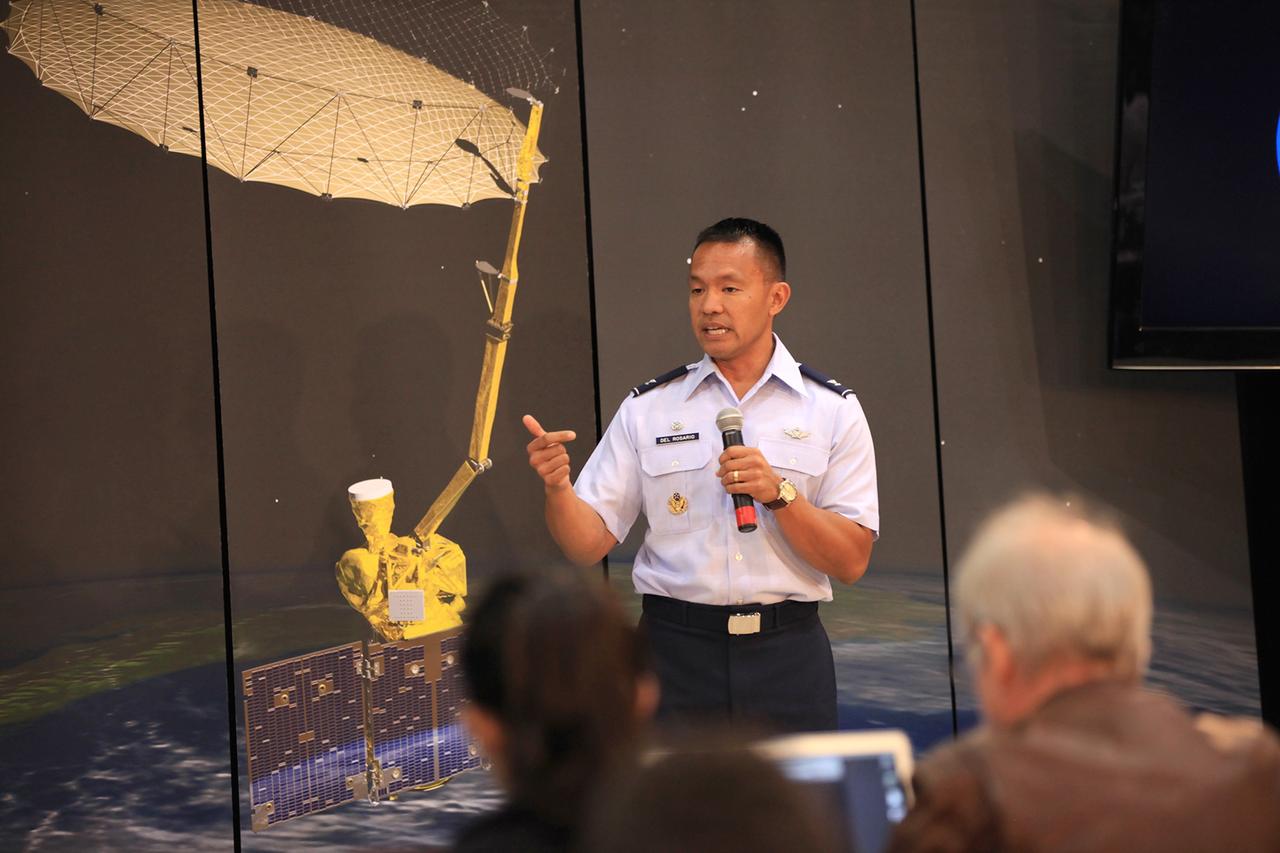 VANDENBERG AIR FORCE BASE, Calif. – Col. Marc Del Rosario, commander of the 30th Space Wing Operations Group, addresses the audience of a NASA Social held for NASA's Soil Moisture Active Passive mission, or SMAP, at Vandenberg Air Force Base in California. This NASA Social brought together mission scientists and engineers with an audience of 70 students, educators, social media managers, bloggers, photographers and videographers who were selected from a pool of 325 applicants from 45 countries to participate in launch activities and communicate their experience with social media followers. The SMAP mission is scheduled to launch from Vandenberg on Jan. 29. To learn more about SMAP, visit http://www.nasa.gov/smap.  Photo credit: NASA/Kim Shiflett