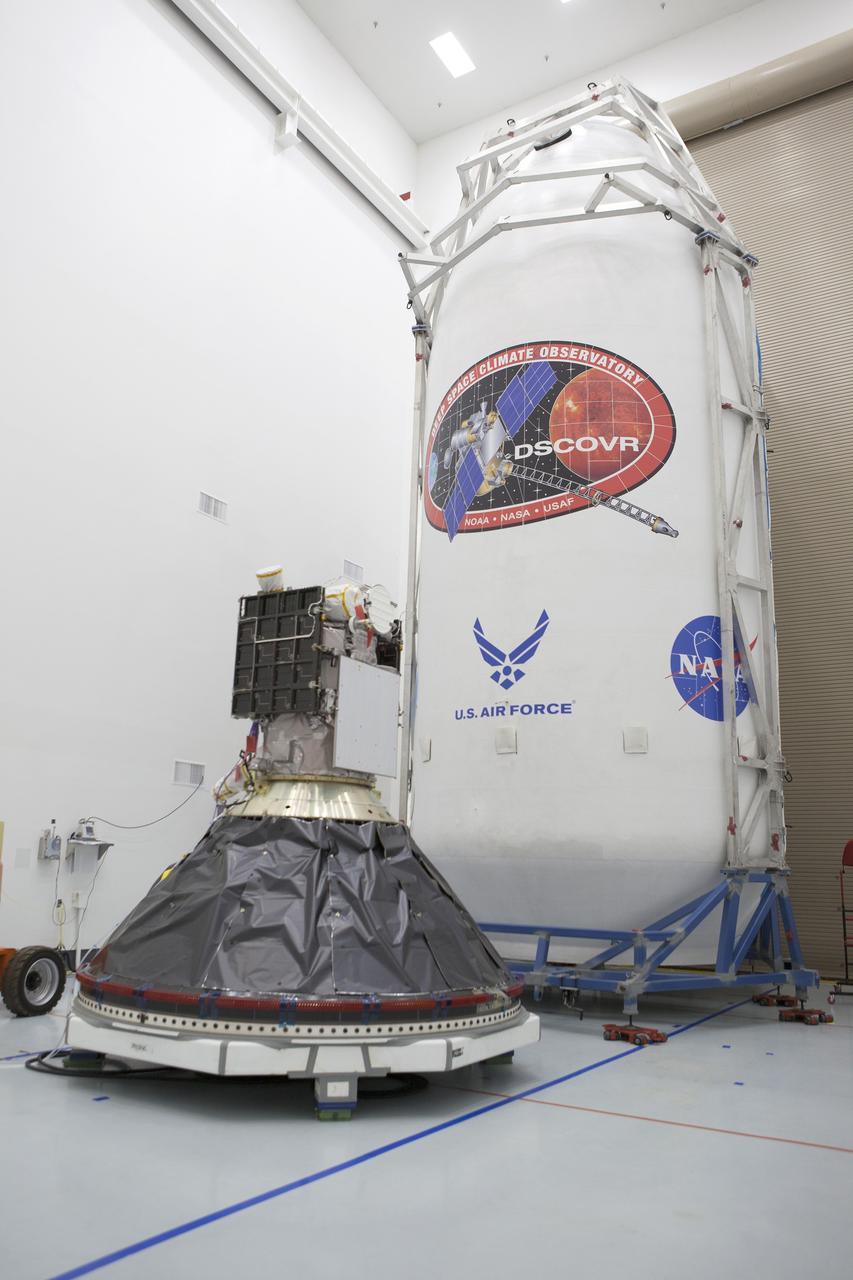 CAPE CANAVERAL, Fla. – Preparations to launch NOAA’s Deep Space Climate Observatory spacecraft, or DSCOVR, near completion in the Building 1 high bay of the Astrotech payload processing facility in Titusville, Florida, near Kennedy Space Center.    DSCOVR is a partnership between NOAA, NASA and the U.S. Air Force. DSCOVR will maintain the nation's real-time solar wind monitoring capabilities which are critical to the accuracy and lead time of NOAA's space weather alerts and forecasts. Launch is targeted for no earlier than Feb. 8 aboard a SpaceX Falcon 9 v 1.1 launch vehicle from Cape Canaveral Air Force Station, Florida. To learn more about DSCOVR, visit http://www.nesdis.noaa.gov/DSCOVR.  Photo credit: NASA/Kim Shiflett