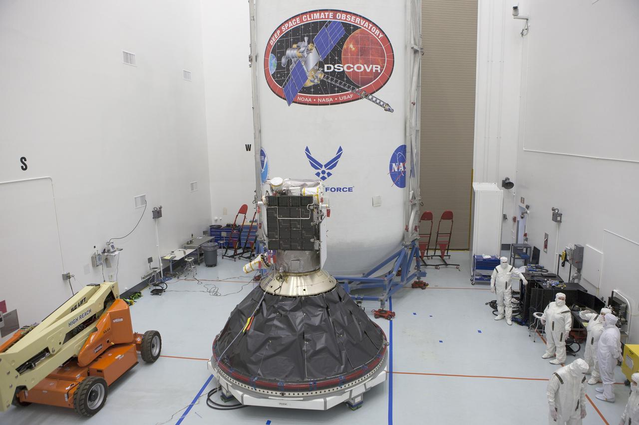 CAPE CANAVERAL, Fla. – Preparations to launch NOAA’s Deep Space Climate Observatory spacecraft, or DSCOVR, near completion in the Building 1 high bay of the Astrotech payload processing facility in Titusville, Florida, near Kennedy Space Center. DSCOVR is a partnership between NOAA, NASA and the U.S. Air Force. DSCOVR will maintain the nation's real-time solar wind monitoring capabilities which are critical to the accuracy and lead time of NOAA's space weather alerts and forecasts. Launch is targeted for no earlier than Feb. 8 aboard a SpaceX Falcon 9 v 1.1 launch vehicle from Cape Canaveral Air Force Station, Florida. To learn more about DSCOVR, visit http://www.nesdis.noaa.gov/DSCOVR. Photo credit: NASA/Kim Shiflett