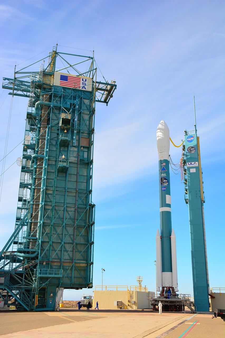 VANDENBERG AIR FORCE BASE, Calif. – Operations are underway at Space Launch Complex 2 on Vandenberg Air Force Base in California to enclose the United Launch Alliance Delta II rocket in the launch gantry. Aboard the rocket is NOAA's Soil Moisture Active Passive satellite, or SMAP, designed to produce the highest-resolution maps of soil moisture ever obtained from space. Launch was postponed today due to violation of upper-level wind shear constraints. Launch now is targeted for Jan. 31. To learn more about SMAP, visit http://www.nasa.gov/smap. Photo credit: NASA/Randy Beaudoin