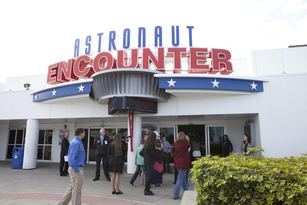 CAPE CANAVERAL, Fla. – Students and guests enter the Astronaut Encounter Theater at NASA's Kennedy Space Center Visitor Complex in Florida for the 2015 Celebrate Literacy Week Florida PSA Awards program. The event, hosted by the Florida Department of Education, announced the winning entries from elementary, middle and high school students that best encouraged literacy and its connection to space careers. Photo credit: NASA/Ben Smegelsky