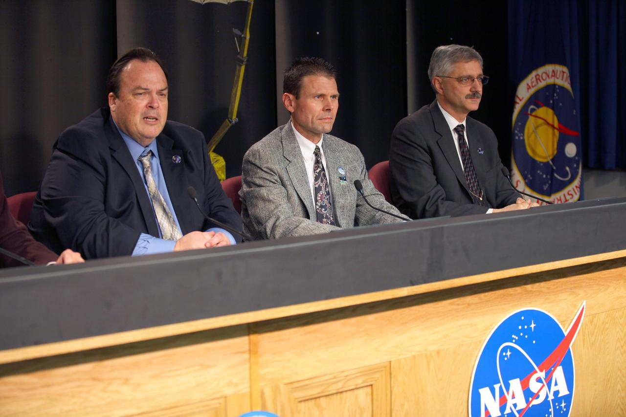 VANDENBERG AIR FORCE BASE, Calif. – During a news conference at Vandenberg Air Force Base in California, NASA officials discuss the launch of the Soil Moisture Active Passive satellite, or SMAP, and its mission to study the Earth's soil moisture. Participating in the briefing, from left, are Kent Kellogg, SMAP project manager at the Jet Propulsion Laboratory in Pasadena, California, Scott Higginbotham, NASA mission manager for Educational Launch of Nanosatellites, or ELaNa-X, at the Kennedy Space Center, and Geoff Yoder, deputy associate administrator of the Science Mission Directorate at NASA Headquarters. To learn more about SMAP, visit http://www.nasa.gov/smap. Photo credit: NASA/Kim Shiflett