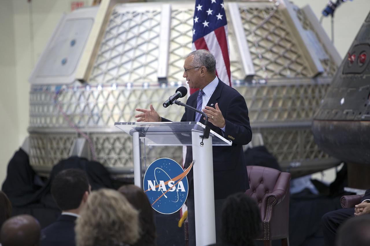 CAPE CANAVERAL, Fla. – In the Neil Armstrong Operations and Checkout Building high bay at NASA's Kennedy Space Center in Florida, NASA Administrator Charlie Bolden delivers a “state of the agency” address at NASA's televised fiscal year 2016 budget rollout event. Representatives from the Kennedy workforce, news media and social media were in attendance. NASA's Orion, SpaceX Dragon and Boeing CST-100 spacecraft, all destined to play a role in NASA’s overall exploration objectives, were on display.  For information on NASA's budget, visit http://www.nasa.gov/budget. Photo credit: NASA/Gianni Woods
