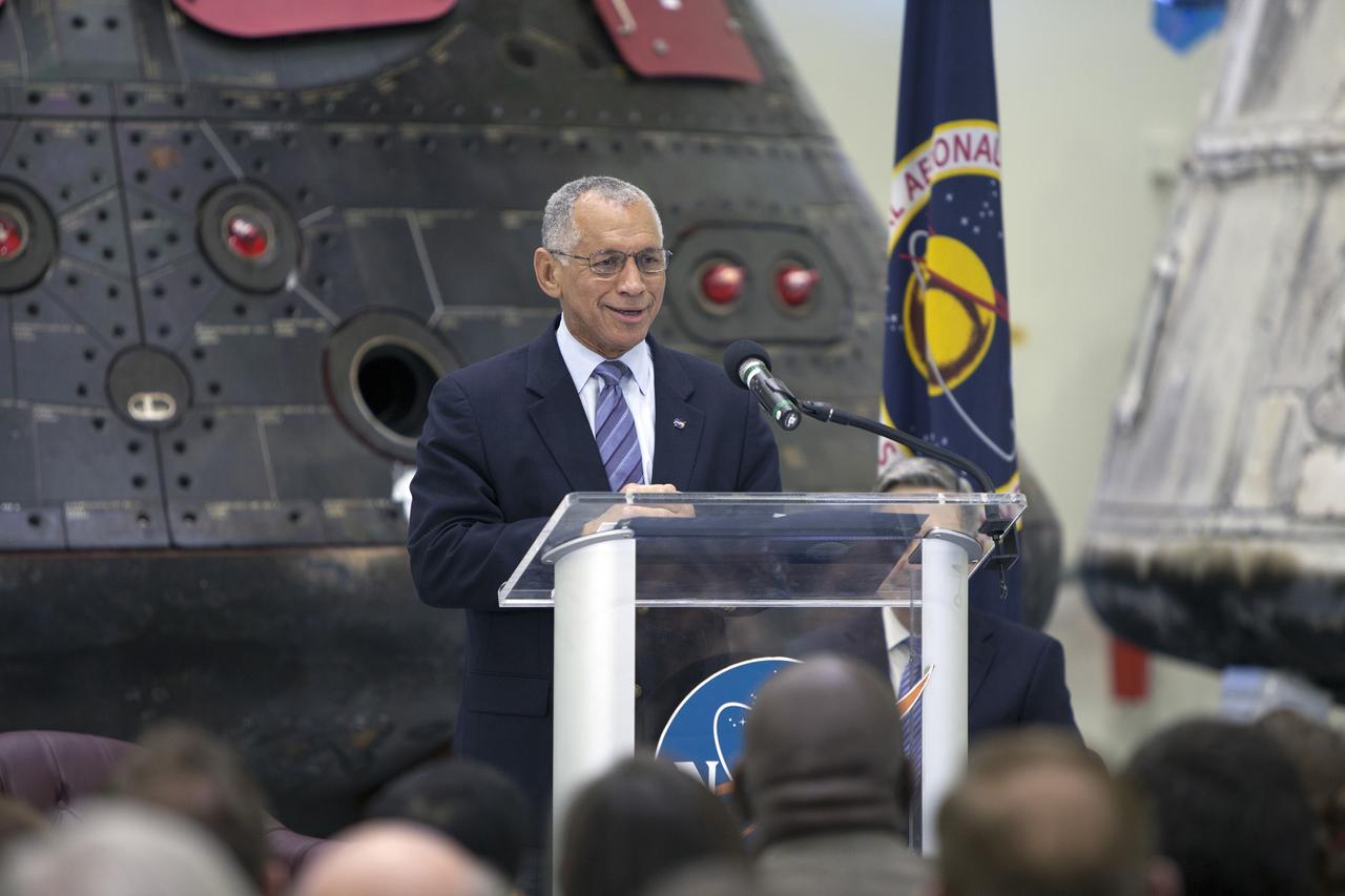 CAPE CANAVERAL, Fla. – In the Neil Armstrong Operations and Checkout Building high bay at NASA's Kennedy Space Center in Florida, NASA Administrator Charlie Bolden delivers a “state of the agency” address at NASA's televised fiscal year 2016 budget rollout event. Representatives from the Kennedy workforce, news media and social media were in attendance. NASA's Orion, SpaceX Dragon and Boeing CST-100 spacecraft, all destined to play a role in NASA’s overall exploration objectives, were on display. For information on NASA's budget, visit http://www.nasa.gov/budget. Photo credit: NASA/Gianni Woods