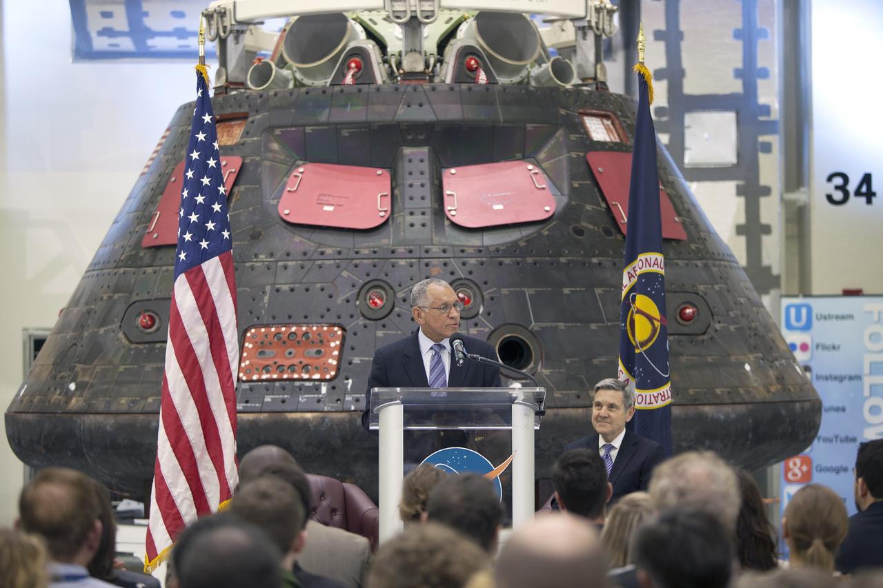 CAPE CANAVERAL, Fla. – In the Neil Armstrong Operations and Checkout Building high bay at NASA's Kennedy Space Center in Florida, NASA Administrator Charlie Bolden delivers a “state of the agency” address at NASA's televised fiscal year 2016 budget rollout event. Kennedy Space Center Director Bob Cabana looks on, at right. Representatives from the Kennedy workforce, news media and social media were in attendance. NASA's Orion, SpaceX Dragon and Boeing CST-100 spacecraft, all destined to play a role in NASA’s overall exploration objectives, were on display. For information on NASA's budget, visit http://www.nasa.gov/budget. Photo credit: NASA/Gianni Woods