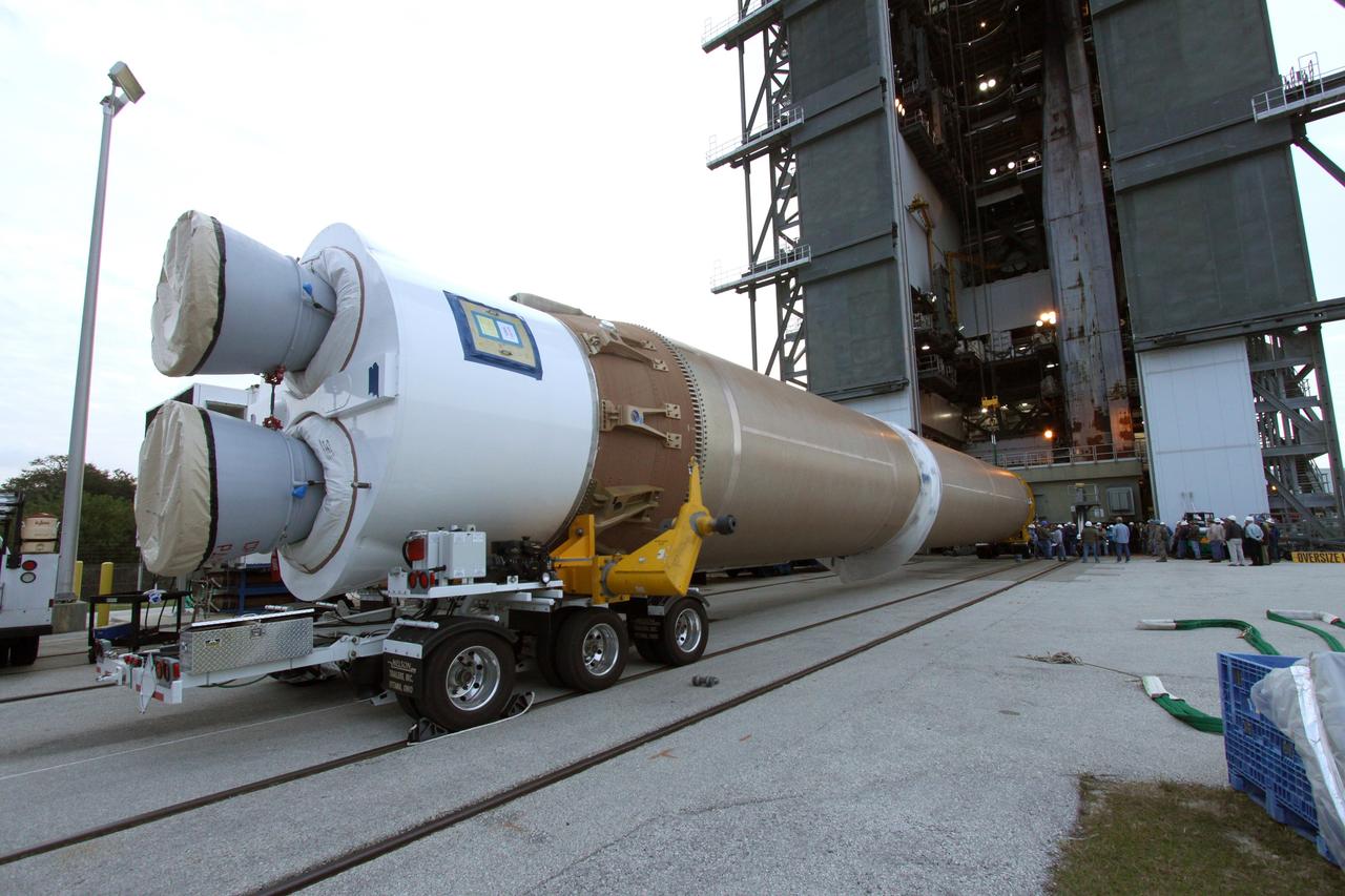 CAPE CANAVERAL, Fla. – Operations are underway at Space Launch Complex 41 on Cape Canaveral Air Force Station in Florida to lift the newly delivered first stage of a United Launch Alliance Atlas V rocket into the mobile service tower. The rocket will launch NASA's Magnetospheric Multiscale mission, or MMS. MMS will study the mystery of how magnetic fields around Earth connect and disconnect, explosively releasing energy via a process known a magnetic reconnection. MMS consists of four identical spacecraft that work together to provide the first three-dimensional view of this fundamental process, which occurs throughout the universe.  Launch is set for March 12. To learn more about MMS, visit http://www.nasa.gov/mms.  Photo credit: NASA/Jim Grossmann