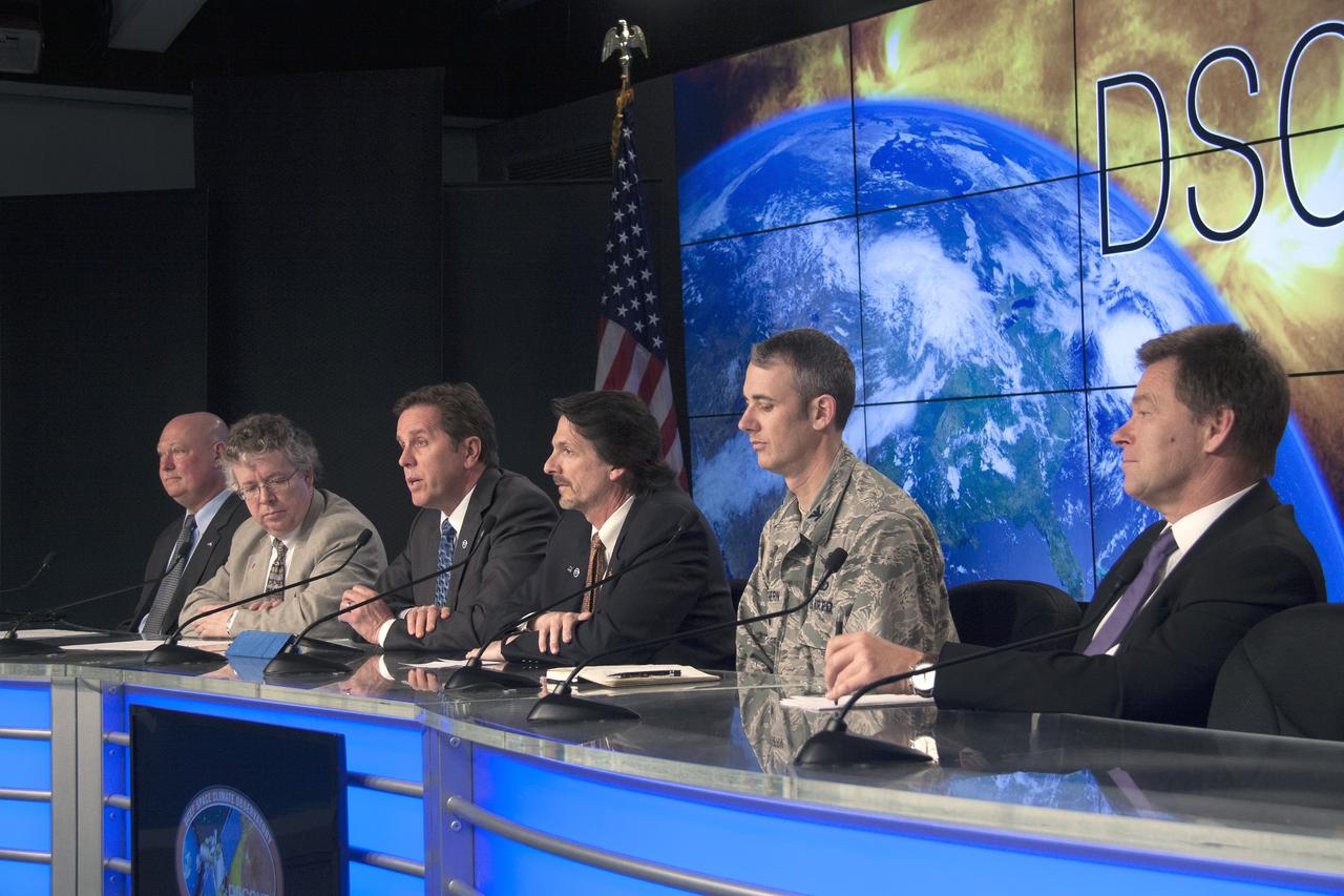 CAPE CANAVERAL, Fla. – A prelaunch briefing at NASA’s Kennedy Space Center in Florida brings media up to date on preparations for the liftoff of NOAA’s Deep Space Climate Observatory spacecraft, or DSCOVR. From left are Michael Curie, moderator, NASA Public Affairs, Stephen Volz, assistant administrator of the NOAA Satellite and Information Service, Tom Berger, director of the NOAA Space Weather Prediction Center, Steven Clarke, NASA Joint Agency Satellite Division director for the agency’s Science Mission Directorate, Col. D. Jason Cothern, Space Demonstrations Division chief at Kirtland Air Force Base in Albuquerque, New Mexico, and Hans Koenigsmann, vice president of mission assurance at SpaceX. DSCOVR will launch aboard a SpaceX Falcon 9 rocket. The mission is a partnership between NOAA, NASA and the U.S. Air Force. DSCOVR will maintain the nation's real-time solar wind monitoring capabilities which are critical to the accuracy and lead time of NOAA's space weather alerts and forecasts. To learn more about DSCOVR, visit http://www.nesdis.noaa.gov/DSCOVR. Photo credit: NASA/Jim Grossman