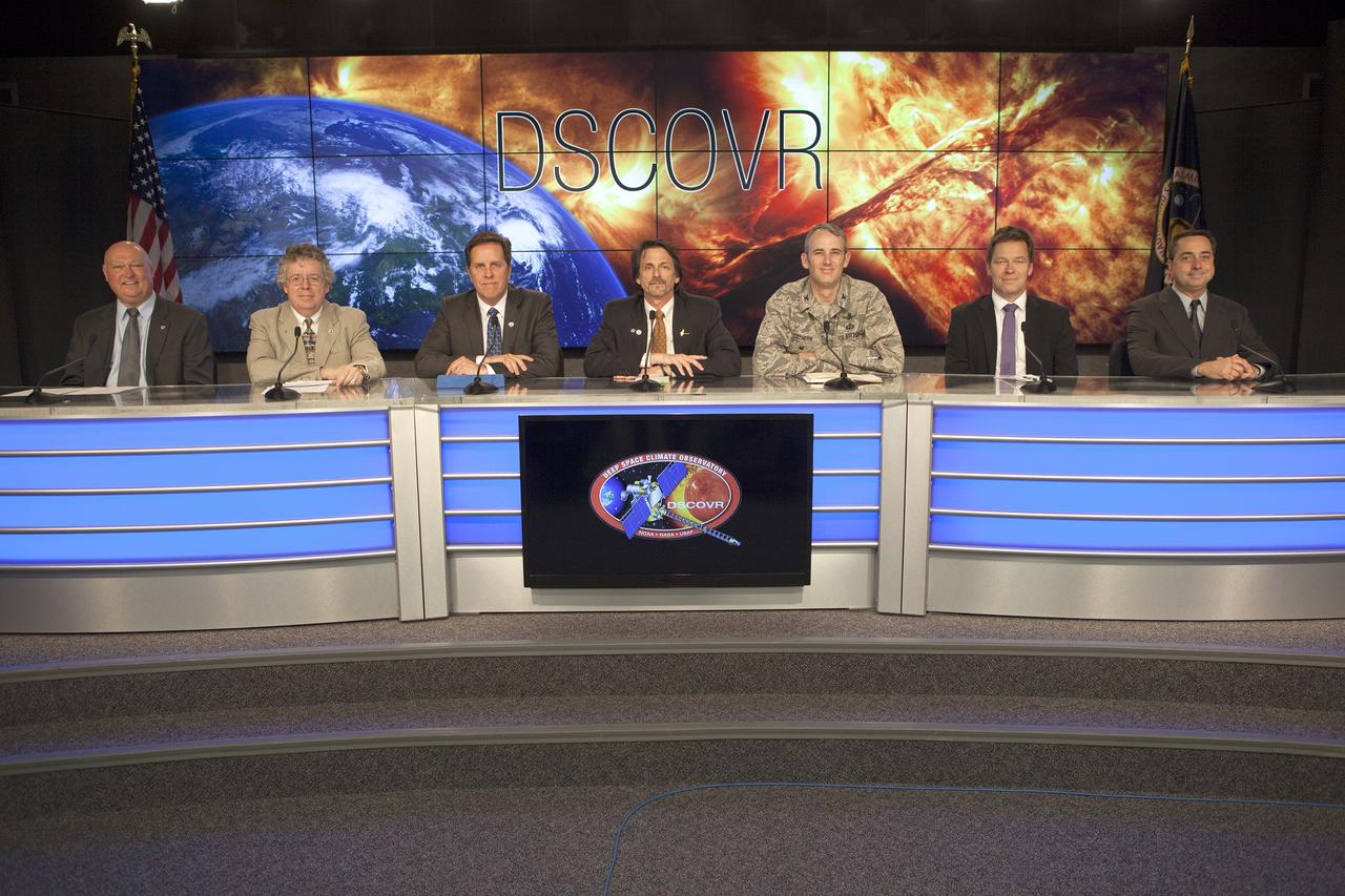 CAPE CANAVERAL, Fla. – Launch and mission officials prepare for the start of a prelaunch briefing at NASA’s Kennedy Space Center in Florida regarding NOAA’s Deep Space Climate Observatory mission, or DSCOVR. From left are Michael Curie, moderator, NASA Public Affairs, Stephen Volz, assistant administrator of the NOAA Satellite and Information Service, Tom Berger, director of the NOAA Space Weather Prediction Center, Steven Clarke, NASA Joint Agency Satellite Division director for the agency’s Science Mission Directorate, Col. D. Jason Cothern, Space Demonstrations Division chief at Kirtland Air Force Base in Albuquerque, New Mexico, and Hans Koenigsmann, vice president of mission assurance at SpaceX, and Mike McAleenan, launch weather officer with the U.S. Air Force 45th Weather Squadron. DSCOVR will launch aboard a SpaceX Falcon 9 rocket. The mission is a partnership between NOAA, NASA and the U.S. Air Force. DSCOVR will maintain the nation's real-time solar wind monitoring capabilities which are critical to the accuracy and lead time of NOAA's space weather alerts and forecasts. To learn more about DSCOVR, visit http://www.nesdis.noaa.gov/DSCOVR. Photo credit: NASA/Kim Shiflett