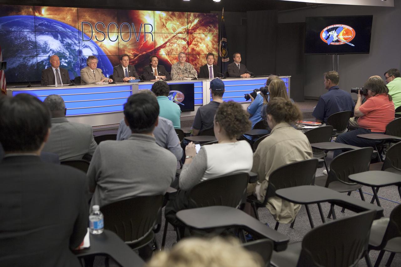 CAPE CANAVERAL, Fla. – A prelaunch briefing at NASA’s Kennedy Space Center in Florida brings media up to date on preparations for the liftoff of NOAA’s Deep Space Climate Observatory spacecraft, or DSCOVR. From left are Michael Curie, moderator, NASA Public Affairs, Stephen Volz, assistant administrator of the NOAA Satellite and Information Service, Tom Berger, director of the NOAA Space Weather Prediction Center, Steven Clarke, NASA Joint Agency Satellite Division director for the agency’s Science Mission Directorate, Col. D. Jason Cothern, Space Demonstrations Division chief at Kirtland Air Force Base in Albuquerque, New Mexico, and Hans Koenigsmann, vice president of mission assurance at SpaceX, and Mike McAleenan, launch weather officer with the U.S. Air Force 45th Weather Squadron.   DSCOVR will launch aboard a SpaceX Falcon 9 rocket. The mission is a partnership between NOAA, NASA and the U.S. Air Force. DSCOVR will maintain the nation's real-time solar wind monitoring capabilities which are critical to the accuracy and lead time of NOAA's space weather alerts and forecasts. To learn more about DSCOVR, visit http://www.nesdis.noaa.gov/DSCOVR. Photo credit: NASA/Kim Shiflett