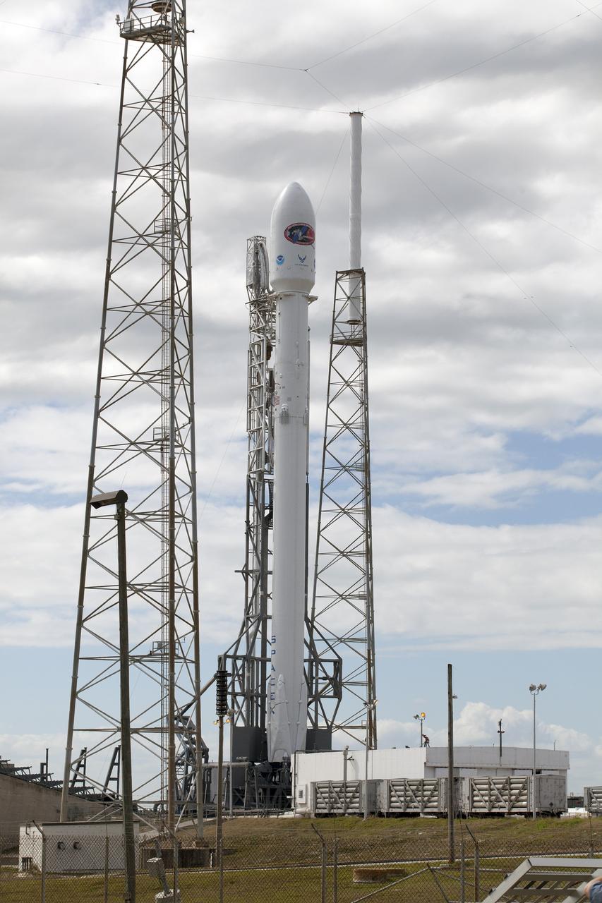 CAPE CANAVERAL, Fla. – The SpaceX Falcon 9 rocket set to launch NOAA’s Deep Space Climate Observatory spacecraft, or DSCOVR, awaits liftoff at 6:10 p.m. EST from Space Launch Complex 40 at Cape Canaveral Air Force Station in Florida.   DSCOVR is a partnership between NOAA, NASA and the U.S. Air Force. DSCOVR will maintain the nation's real-time solar wind monitoring capabilities which are critical to the accuracy and lead time of NOAA's space weather alerts and forecasts. To learn more about DSCOVR, visit http://www.nesdis.noaa.gov/DSCOVR. Photo credit: NASA/Kim Shiflett