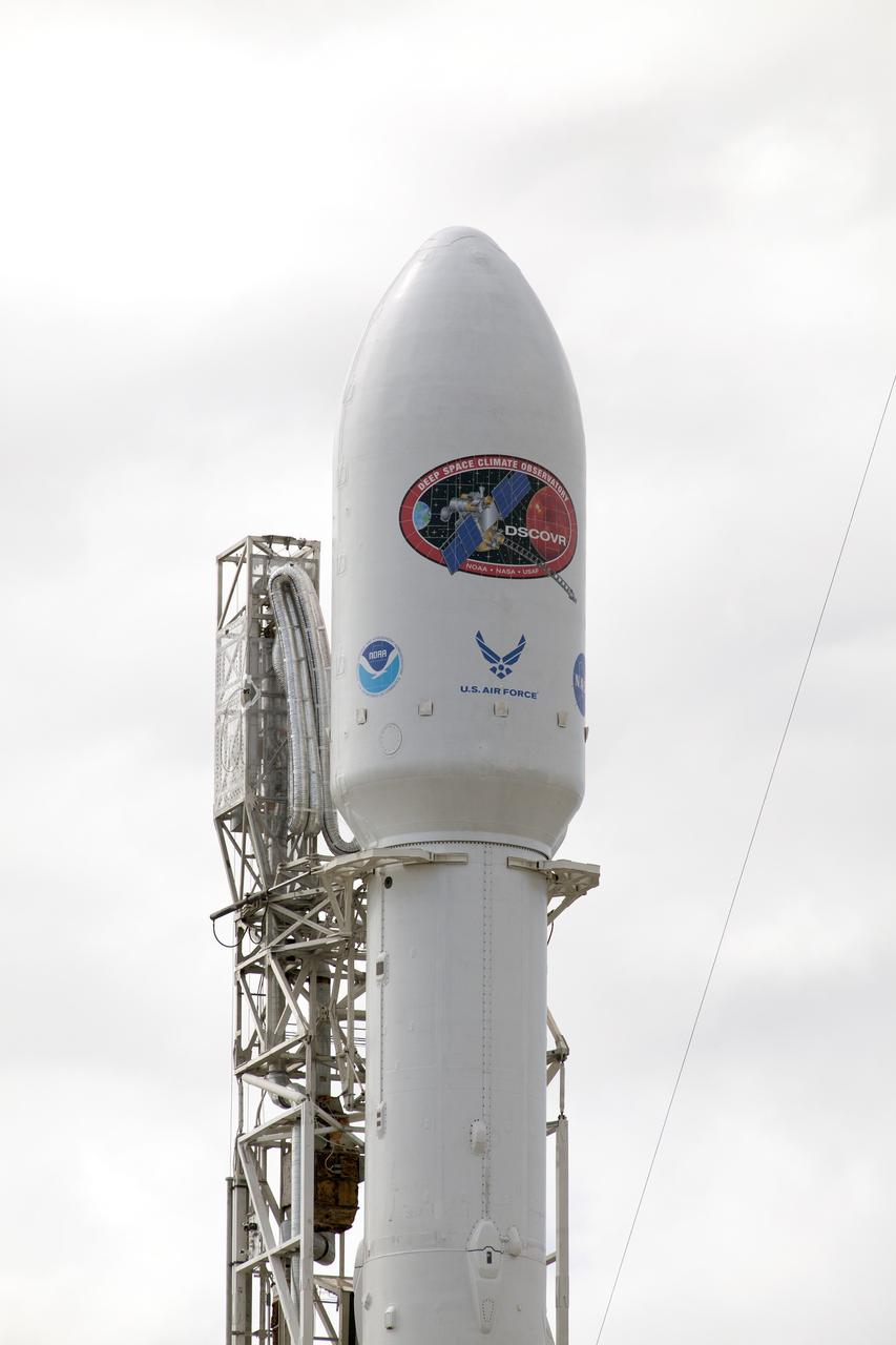 CAPE CANAVERAL, Fla. – The payload fairing protecting NOAA’s Deep Space Climate Observatory spacecraft, or DSCOVR, tops the SpaceX Falcon 9 rocket set to lift off at 6:10 p.m. EST from Space Launch Complex 40 at Cape Canaveral Air Force Station in Florida.   DSCOVR is a partnership between NOAA, NASA and the U.S. Air Force. DSCOVR will maintain the nation's real-time solar wind monitoring capabilities which are critical to the accuracy and lead time of NOAA's space weather alerts and forecasts. To learn more about DSCOVR, visit http://www.nesdis.noaa.gov/DSCOVR. Photo credit: NASA/Kim Shiflett