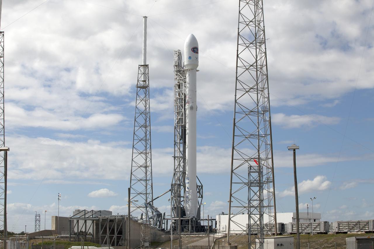 CAPE CANAVERAL, Fla. – The SpaceX Falcon 9 rocket set to launch NOAA’s Deep Space Climate Observatory spacecraft, or DSCOVR, awaits liftoff at 6:10 p.m. EST from Space Launch Complex 40 at Cape Canaveral Air Force Station in Florida. DSCOVR is a partnership between NOAA, NASA and the U.S. Air Force. DSCOVR will maintain the nation's real-time solar wind monitoring capabilities which are critical to the accuracy and lead time of NOAA's space weather alerts and forecasts. To learn more about DSCOVR, visit http://www.nesdis.noaa.gov/DSCOVR. Photo credit: NASA/Kim Shiflett