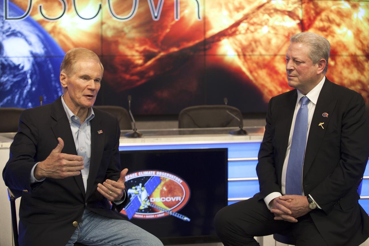 CAPE CANAVERAL, Fla. – Sen. Bill Nelson, left, answers a question as former Vice President Al Gore looks on during a visit with news media at NASA’s Kennedy Space Center in Florida prior to the planned liftoff of NOAA’s Deep Space Climate Observatory spacecraft, or DSCOVR. DSCOVR will launch aboard a SpaceX Falcon 9 rocket. The mission is a partnership between NOAA, NASA and the U.S. Air Force. DSCOVR will maintain the nation's real-time solar wind monitoring capabilities which are critical to the accuracy and lead time of NOAA's space weather alerts and forecasts. To learn more about DSCOVR, visit http://www.nesdis.noaa.gov/DSCOVR. Photo credit: NASA/Kim Shiflett