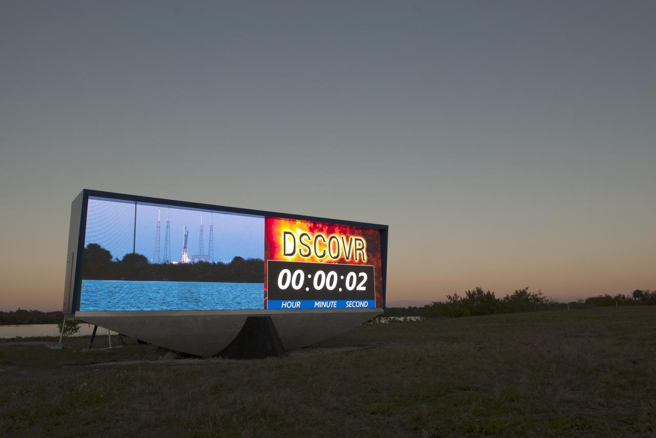 Liftoff of the SpaceX Falcon 9 rocket carrying NOAA’s Deep Space Climate Observatory spacecraft, or DSCOVR, is visible in the realtime camera view on the countdown clock at NASA’s Kennedy Space Center in Florida. The Falcon 9 launched from Space Launch Complex 40 at Cape Canaveral Air Force Station at 6:03 p.m. EST. DSCOVR is a partnership between NOAA, NASA and the U.S. Air Force, and will maintain the nation's real-time solar wind monitoring capabilities. To learn more about DSCOVR, visit http://www.nesdis.noaa.gov/DSCOVR.  Photo credit: NASA/Frankie Martin