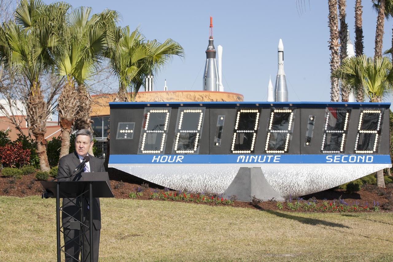 Kennedy Space Center Director Bob Cabana speaks at the dedication of the newest display at the entrance to the center's visitor complex. The historic countdown clock was originally set up at the space center's Press Site and was used from the launch of Apollo 12 on Nov. 14, 1969 to the final space shuttle mission, STS-135, launched on July 8, 2011. The old countdown clock was replaced in 2014 with a modern light emitting diode, or LED, display.