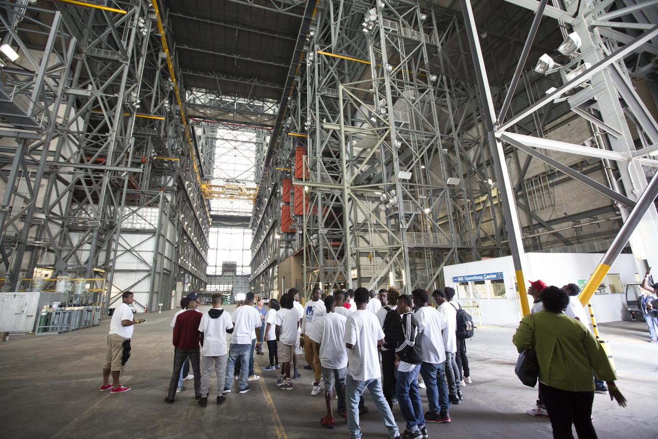 Students in the My Brother’s Keeper program get an inside look at NASA Kennedy Space Center’s iconic Vehicle Assembly Building from the transfer aisle. The Florida spaceport is one of six NASA centers that participated in My Brother’s Keeper National Lab Week. The event is a nationwide effort to bring youth from underrepresented communities into federal labs and centers for hands-on activities, tours and inspirational speakers. Sixty students from the nearby cities of Orlando and Sanford visited Kennedy, where they toured the Vehicle Assembly Building, the Space Station Processing Facility and the center’s innovative Swamp Works Labs. The students also had a chance to meet and ask questions of a panel of subject matter experts from across Kennedy. 