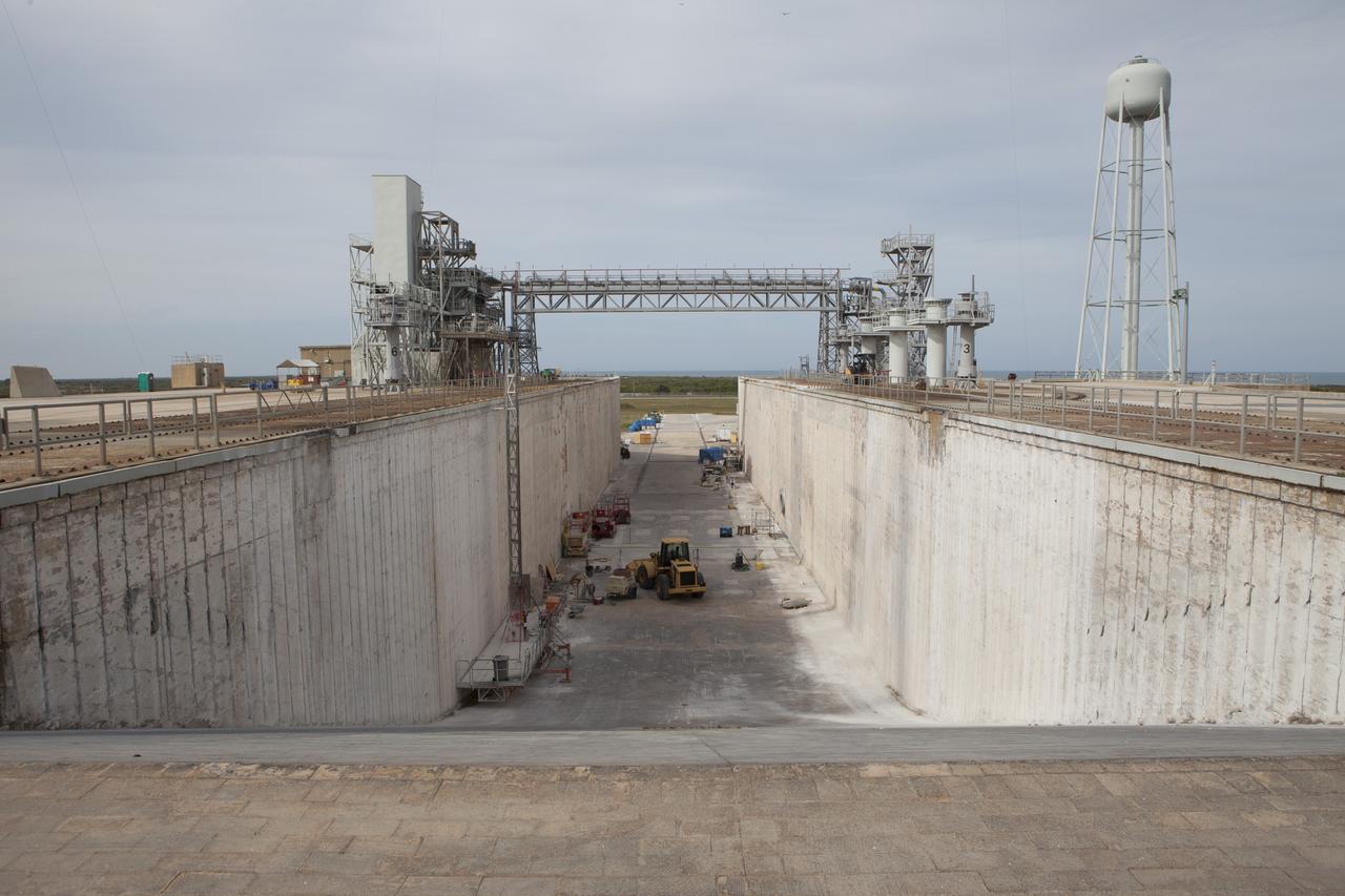 Upgrades and modifications continue to the flame trench at Launch Pad 39B at NASA’s Kennedy Space Center in Florida. Pad B is being refurbished to support the launch of NASA’s Space Launch System rocket. The Ground Systems Development and Operations (GSDO) Program at Kennedy is helping transform the space center into a multi-user spaceport and prepare for Exploration Mission-1, deep-space missions, and the journey to Mars.