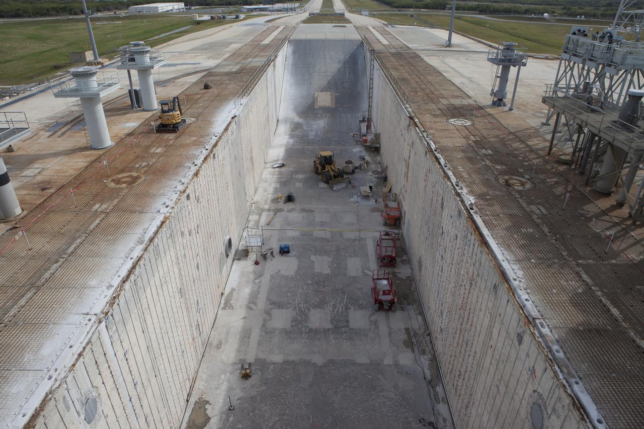 Upgrades and modifications continue to the flame trench at Launch Pad 39B at NASA’s Kennedy Space Center in Florida. Pad B is being refurbished to support the launch of NASA’s Space Launch System rocket. The Ground Systems Development and Operations (GSDO) Program at Kennedy is helping transform the space center into a multi-user spaceport and prepare for Exploration Mission-1, deep-space missions, and the journey to Mars.