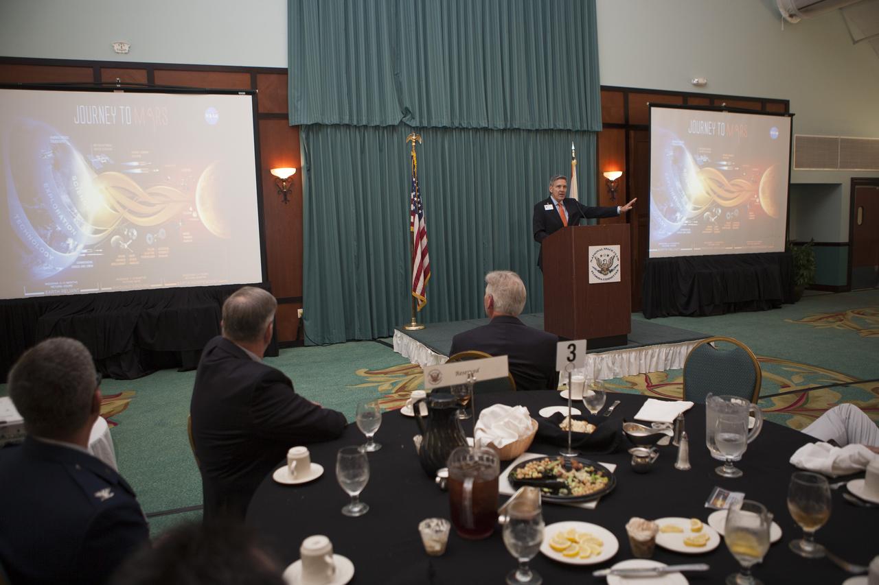 Bob Cabana, director of NASA's Kennedy Space Center in Florida, updates the National Space Club Florida Committee about Kennedy's future as the premier launch center for NASA and other users during a luncheon in Cape Canaveral.