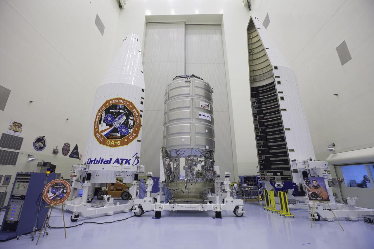 Inside the Payload Hazardous Servicing Facility at NASA's Kennedy Space Center in Florida, a Cygnus cargo spacecraft is being prepared for the upcoming Orbital ATK Commercial Resupply Services-6 mission to deliver hardware and supplies to the International Space Station. The Cygnus is scheduled to lift off atop a United Launch Alliance Atlas V rocket on March 22.