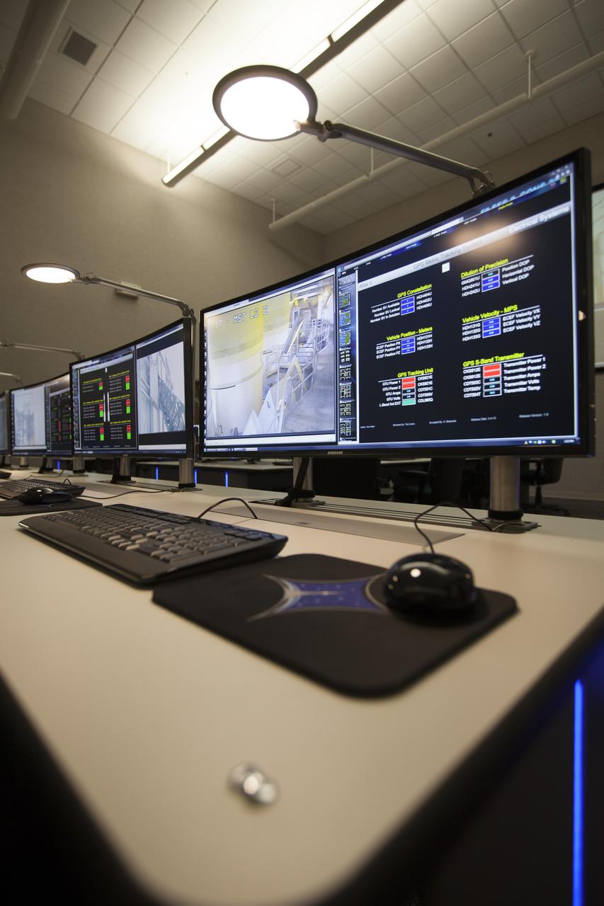 Photos of the Launch Vehicle Data Center (LVDC) in Hangar AE -  Room #1 of LVDC - showing the engineering consule upgrades.