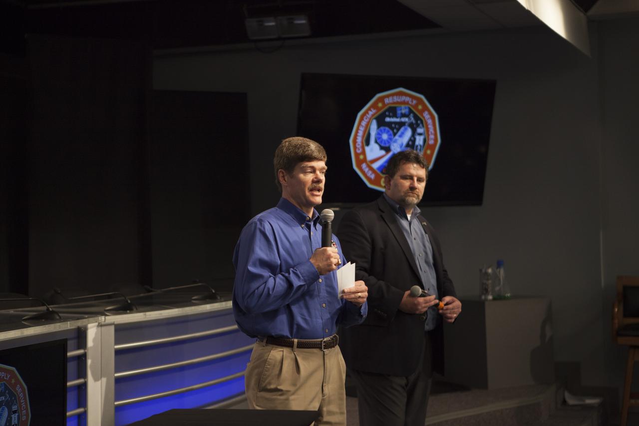 In the Kennedy Space Center’s Press Site auditorium, members of the media participate in a briefing on science research and technology work planned for the International Space Station, or ISS. NASA is preparing for the launch of a Cygnus spacecraft on the Orbital ATK CRS-6 commercial resupply services mission to the ISS. From left are: Pete Hasbrook, NASA associate program scientist for the ISS Program at the Johnson Space Center in Houston, and Dr. Michael Roberts, deputy chief scientist for the Center for the Advancement for Science in Space, or CASIS. 