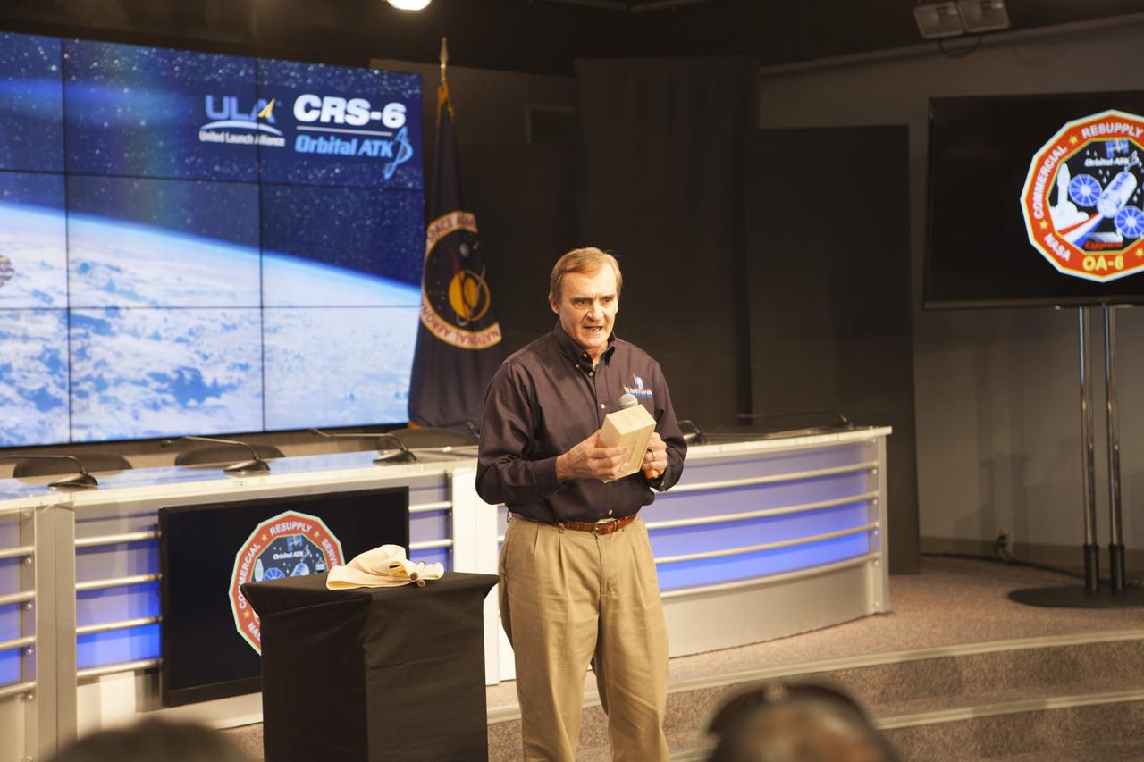 Gary Ruff, NASA project manager and co-investigator for the Spacecraft Fire Safety Demonstration Project, or Saffire, at the Glenn Research Center in Cleveland, speaks to members of the media in the Kennedy Space Center’s Press Site auditorium. The briefing focused on science research and technology work planned for the International Space Station, or ISS, following the arrival of a Cygnus spacecraft. The Cygnus is scheduled to be launched March 22 atop a United Launch Alliance Atlas V rocket on the Orbital ATK CRS-6 commercial resupply services mission.