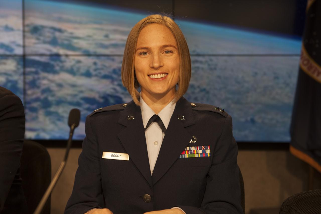 In the Kennedy Space Center’s Press Site auditorium, Capt. Laura Godoy, launch weather officer of the U.S. Air Force 45th Weather Squadron, speaks to members of the media at a prelaunch news conference for Orbital ATK CRS-6 commercial resupply services mission to the International Space Station. 