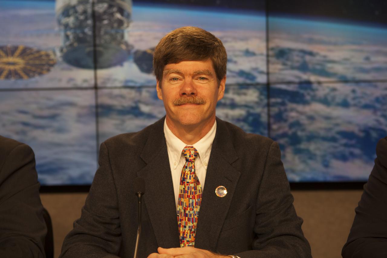In the Kennedy Space Center’s Press Site auditorium, Pete Hasbrook, NASA associate program scientist for the ISS Program at the Johnson Space Center in Houston, speaks to members of the media at a prelaunch news conference for Orbital ATK CRS-6 commercial resupply services mission to the International Space Station. 
