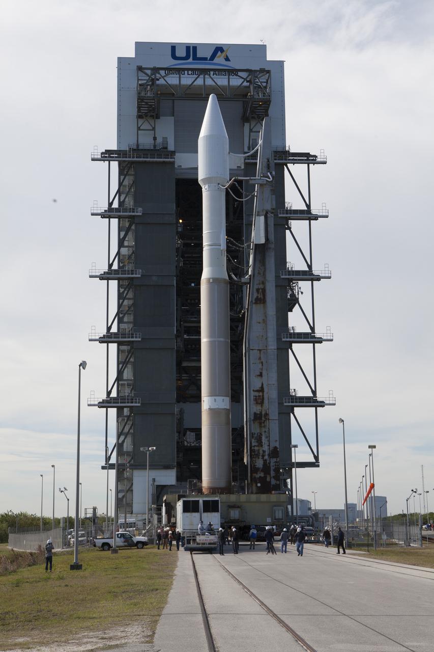 A United Launch Alliance Atlas V rocket is moved from the Vertical Integration Facility to the launch pad at Cape Canaveral Air Force Station's Space Launch Complex 41. A Cygnus spacecraft is scheduled to deliver 7,700 pounds of supplies and research experiments on the Orbital ATK CRS-6 mission to the International Space Station.