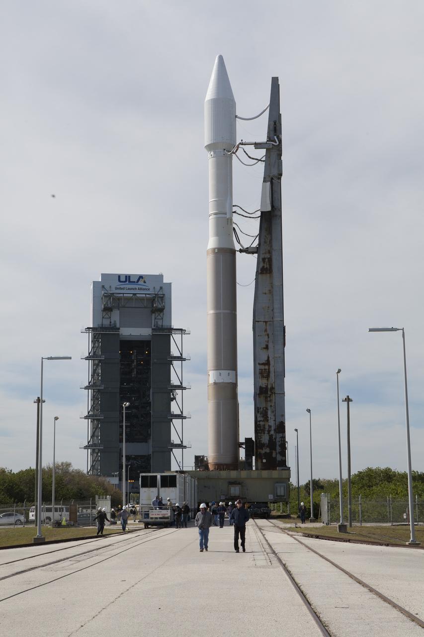 A United Launch Alliance Atlas V rocket is moved from the Vertical Integration Facility to the launch pad at Cape Canaveral Air Force Station's Space Launch Complex 41. A Cygnus spacecraft is scheduled to deliver 7,700 pounds of supplies and research experiments on the Orbital ATK CRS-6 mission to the International Space Station.