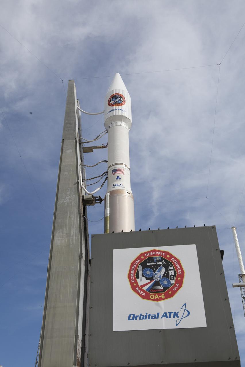 A United Launch Alliance Atlas V rocket arrives at the launch pad at Cape Canaveral Air Force Station's Space Launch Complex 41. A Cygnus spacecraft is scheduled to deliver 7,700 pounds of supplies and research experiments on the Orbital ATK CRS-6 mission to the International Space Station.